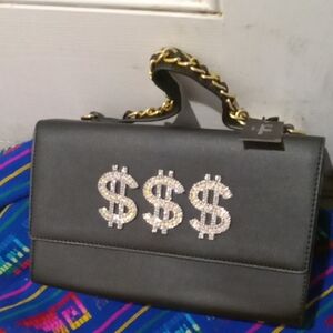 Black Leather Handbag with Gold Chain